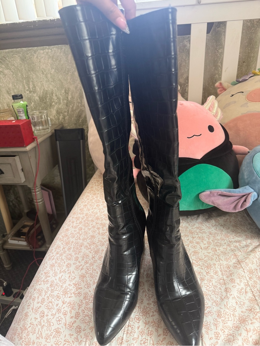 SHEIN Black Croc-Embossed Over-the-Knee Pointed Toe Boots